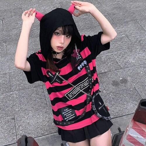 Emo T Shirt Summer Japan Style Women Striped Graphic Tee Y2k 2000s 2021 Egirl Punk Girl Funny Ears Hooded Gothic Alt Clothes