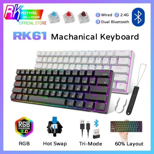RK61 Hot Swappable Mechanical Gaming Keyboard Compact 61 Keys Wireless keyboard Bluetooth 2.4Ghz Three Modes 60%RGB TKL Keyboard
