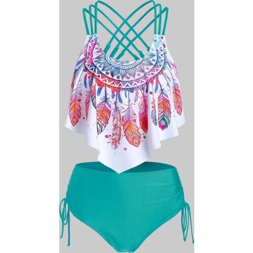 Swimwear woman bikini swimsuit 2020 Feather Print Push-Up Padded Overlay Flounce Crisscross high waist bikini Tankini Swimwear