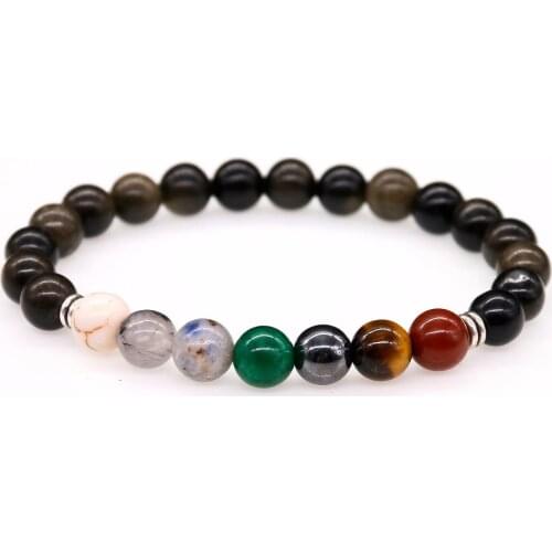 Muticolor Rainbow Color Mens Bracelets Black Obsidian 7 Chakra Healing Balance Beads Reiki Prayer Yoga Bracelet For Women