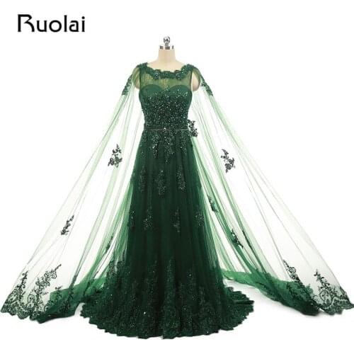 Real Photo Dubai Evening Dresses Scoop A-Line Tulle Appliques Beaded Sweep Train Evening Party Prom Dress with Shawl ASAFN7