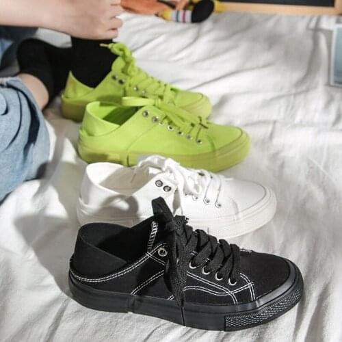 Summer New Style Womens Canvas Shoes Korean Low-cut Small White Shoes Female Lazy Feet Half-top Flat Shoes Fluorescent Green
