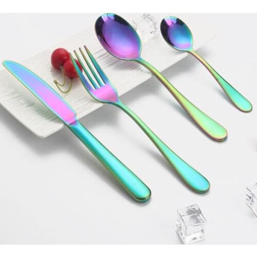 Western Food Steak Knife Full Set Dinner Spoon Salad Fork Coffee Mixing Scoop Tableware Electroplate Rainbow Cutlery Set 4pc/set