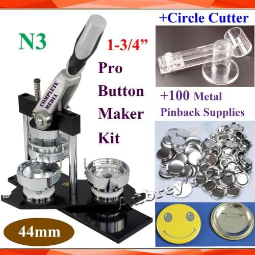 Pro N3 NEW 1-3/4":44mm Badge Button Maker Machine + Adjustable Circle Cutter+100 Set Metal Pinback Button Supply