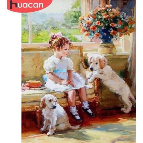 HUACAN Paint By Number Girl Drawing On Canvas Picture By Numbers Hand Painted Dog Animal Acrylic Kits Home Decor