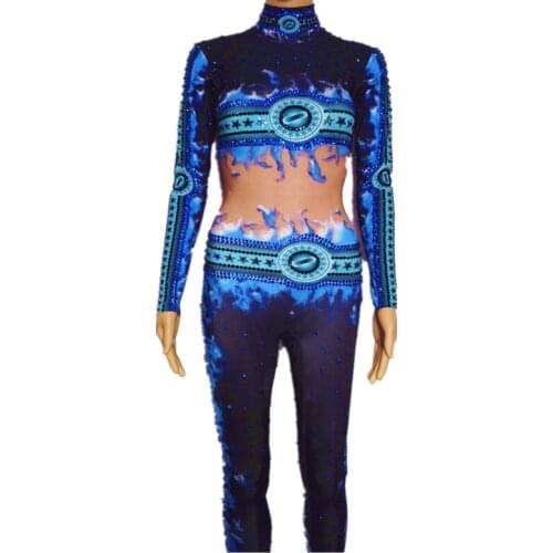 Blue Sequins Crystals Jumpsuit 3D Print Sparkly Sexy Leotard Elastic Lead Dance Singer Nightclub Stage Costumes Dj Show Outift