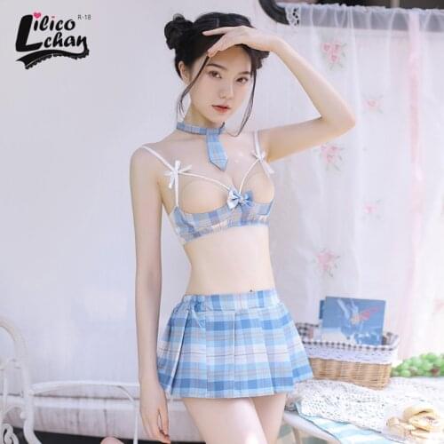 4Pcs Backless Plaid Women JK School Uniform Vintage Underwear Set High Waist Mini Skirt Bow Bare Chest Erotic Costumes Jananese