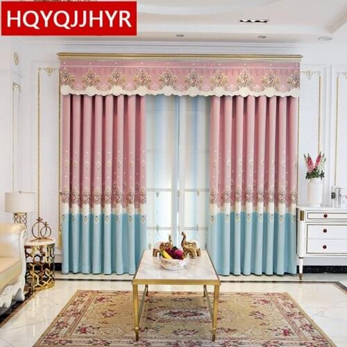 Modern luxury pink blue embroidered curtains for living room windows with high quality Voile curtains for bedroom