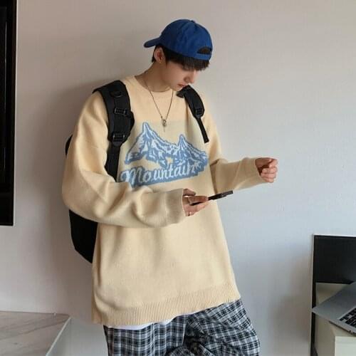 Korean Streetwear Mens Casual Crewneck Sweater Long Sleeve Pullover Loose Fit Snow Mountain Pattern Knitwear Sweaters for Men