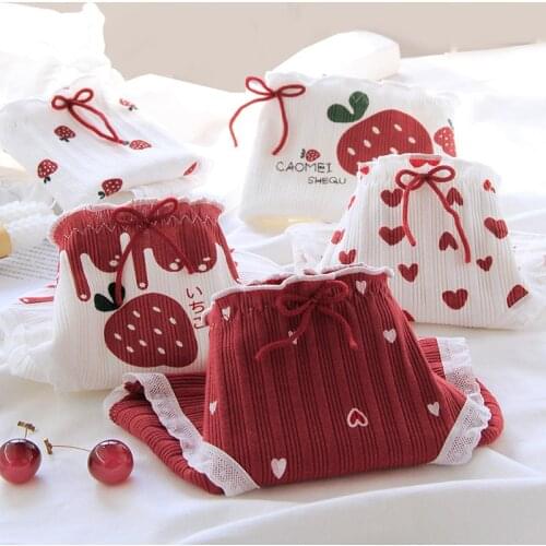 Cute Heart Strawberry Print Panties For Women Wooden Ear Ruffle Fruit Briefs Underwear Seamless Soft Cotton Underpants Female
