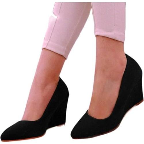 Suede Pumps Wedges shoes for women pointed toe slip on ladies fashion dress shoes wedding party dancing pink