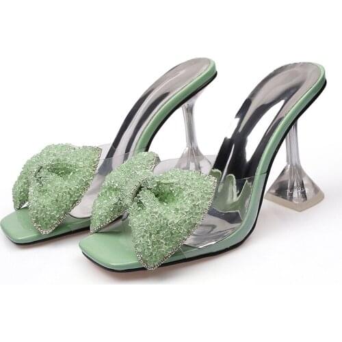 Summer Shoes For Women Sexy Office Career Square Toe High Heels Sandals 2021 New Luxury PVC Butterfly-knot Party Stripper Pumps