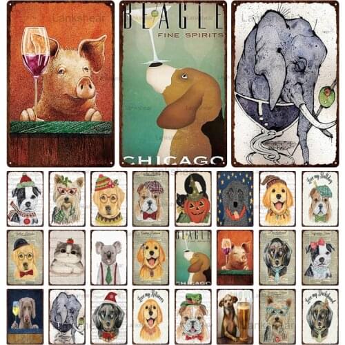 Vintage Animal Metal Sign Poster Cat Dog Pig Tin Signs Retro Home Bar Zoo Shabby Iron Painting Wall Art Plaque Christmas Decor