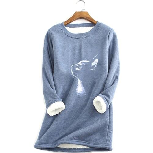40# 2020 Winter New Cotton T-shirts Women Thick Fleece Cat Printing T-shirts Warm O-neck Top Casual T-shirts Футболки Оверсайс