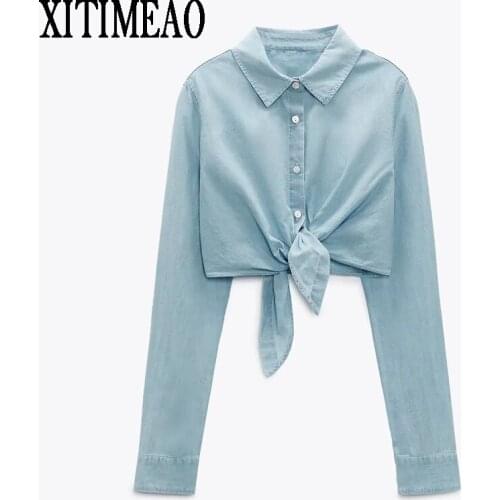Za New Spring Summer Women Retro Simple Style Long Sleeve Lace Up Shirt At Hem Casual Chic Tops XITIMEAO