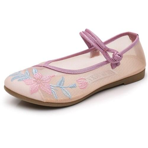 Sweet National Wind Women Casual Shoe Summer Mesh Flat Shoes Fashion Ethnic Costumes Embroidered Shoes Ladies Soft Ballet Flats