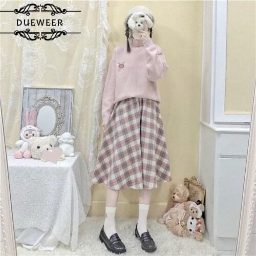 Women Sets Knitted Woolen Turtleneck Sweater Pullovers Short Plaid Skirts Kawaii Long Sleeves Korean Loose Sweet Girls 2 Pieces