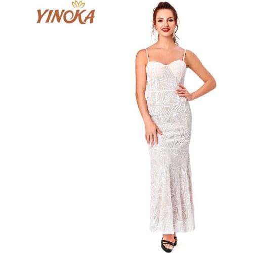 Yinoka Women Bandage Dress Sleeveless Spaghetti Strap Sexy Backless Midi Dress White Bodycon Elegant Evening Luxury Dinner Dress