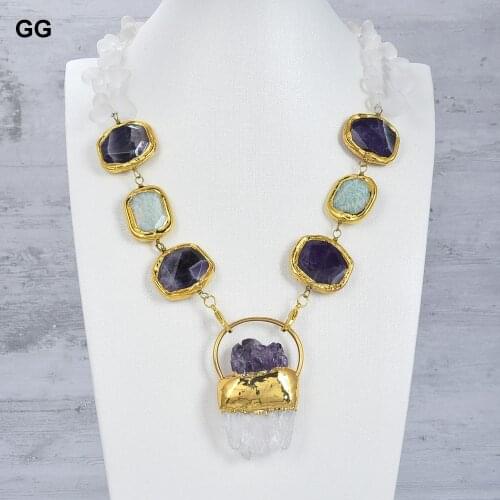 JK Natural Amazonites Amethysts Rough choker Necklace White Quartzs Druzy Amethysts Luster rough Pendant For Women