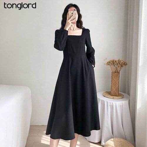 Retro Hepburn Square Collar Elegant Dress Wommen Spring Long Sleeve Solid Cusual Maxi Dress Female Vestidos Plus Size S-4XL New