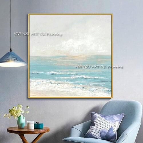 100% Handmade blue sea level Canvas Painting Modern Ocean Seascape Artwork Pictures Thick Oil Wall Art Decoration
