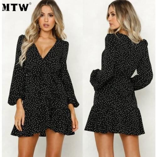 2021 Spring Vintage Polka Dot Black Dress Women Sexy V-Neck Long Sleeve Beach Mini Dress Elegant Party Dresses