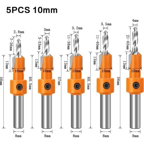 5pcs 8/10mm Shank Wood countersink Router bit woodworking screw Extractor Demolition expanding hole drill Wood Milling Cutter