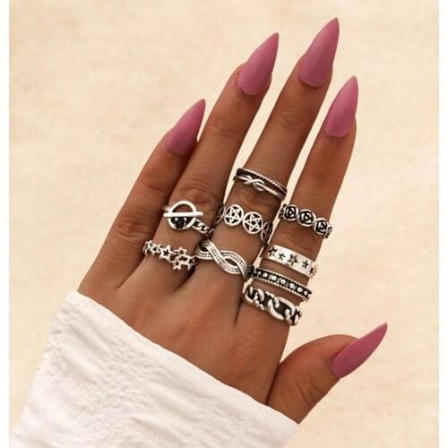 9 PCS/SET Mix Shape Vintage Star Flower Carved Rings Set Ethnic Bohemia Punk Totem Antique Silver Color Knuckle Finger Midi Ring
