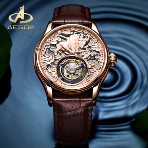 AESOP AAA++ Real Tourbillon Watch Top Mens Mechanical Watch Zodiac Cow Dial Double-sided Sapphire Glass Waterproof Men Watch