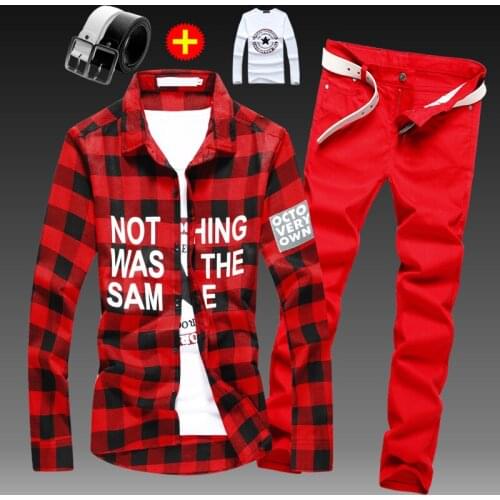 Spring Autumn Mens Long Sleeve Shirt Pencil Pants Boys Checks Shirt Trousers Slim FIt 2pcs Set B33