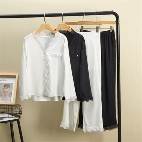 Home service two-piece pajamas womens long-sleeved trousers suit white loose thin lace sexy pajamas pijamas women