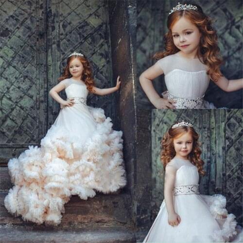 Champagne Lace Flower Girl Dresses Sheer Neck Todder Puffy Ball Gown for Wedding Communion Pageant Kids Dresses