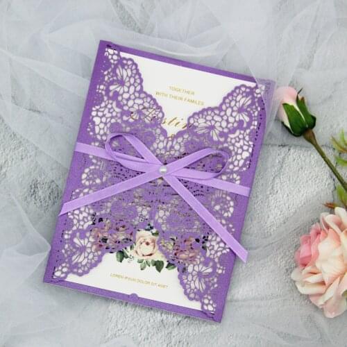 50pieces/lot Laser Cut Wedding Invitation Card Engagement Birthday Baptism Invitations With Ribbon And Diamond