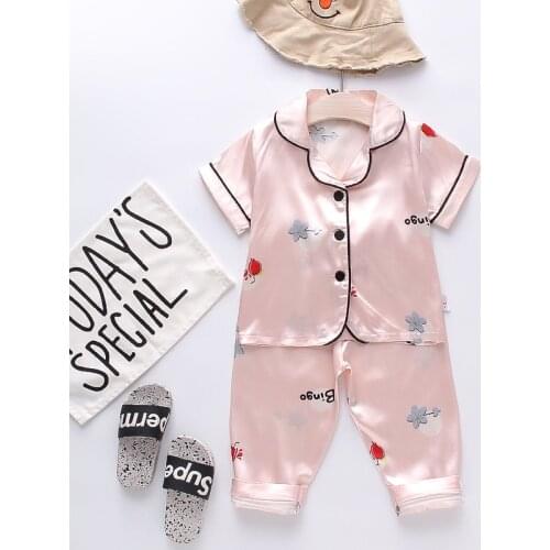 DIIMUU Summer Childrens Pajamas Set Kids Clothes Toddler Girl Ice Silk Satin Tops and Pants Sets 1-4T Infant Girls Sleepwear