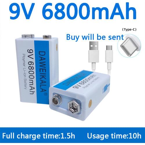 9V Battery 6800mAh li-ion Rechargeable battery Micro USB Battery 9 v lithium for Multimeter Microphone Toy +USB charging cable