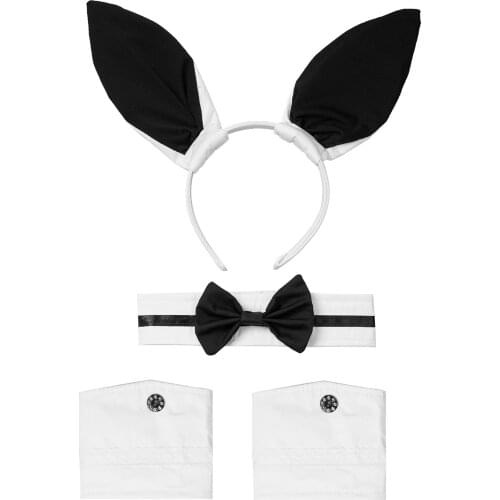 Rabbit Ears Headband Collar Bowtie Cuffs Set for Halloween Bachelorette Themed Party Props Mens Bunny Cosplay Costume Outfit