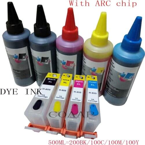 Set Compatible hp655 Refillable ink cartridge ( 500ml Dye inks ) For HP Deskjet 3525 4615 4625 6520 6525 6625 5525 6525 Printer