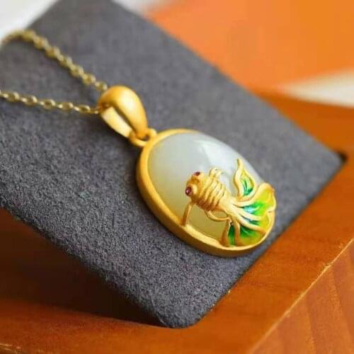 New Natural Hetian Jade Egg Noodle Pendant Fashion 925 Silver Goldfish Blessing Necklace Designed for Women Jewelry