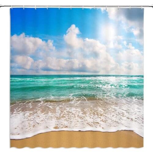 Ocean Beach Shower Curtains Blue Sky Scenery Sea Wave Waterproof Polyester Fabric Home Bathroom Decor Accessories Curtain Cheap
