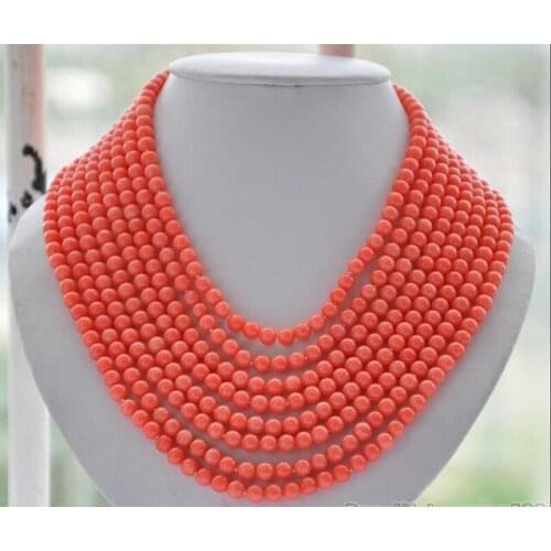 Wholesale factory price High-quality Jewelry Women wedding fashion 8strands Real 6MM round pink coral bead necklace 16"-22"inch