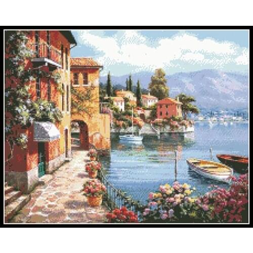 Port Landscape Cross Stitch Patterns Kits Printed Canvas Scenery Embroidery Needlework Sets 11CT 14CT Home Decorations Paintings