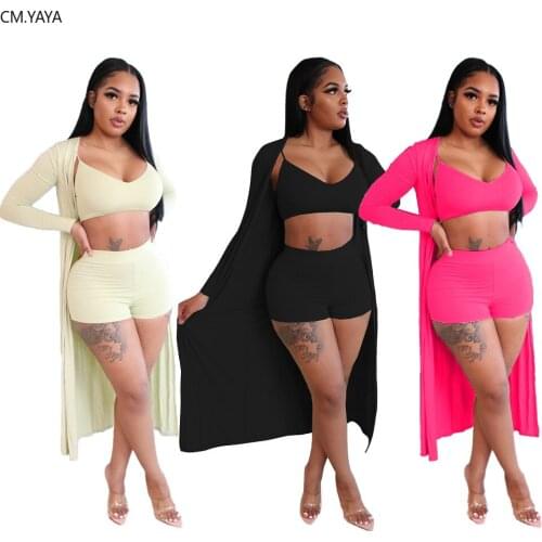 CM.YAYA Sexy Streetwear Women Three Piece Set Long Sleeve Clock Crop Top Shorts Pants Suit Tracksuit Matching Set Casual Outfit