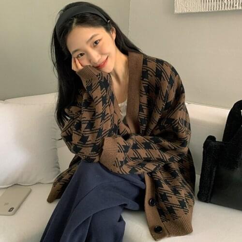 Korean Women Loose Vintage V-neck Knitted Cardigan Casual Long Sleeve Houndstooth Knitwear Sweater Jersey Mujer Autumn Femalenew