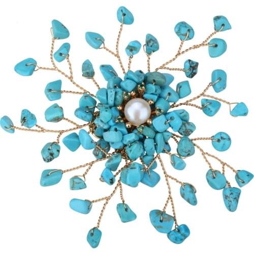 Yacq Women Turquoise Freshwater Pearl Cubic Zirconia CZ Pin Brooch Pendant 2 in 1 Handmade Jewelry Flexible Copper Wire Gift