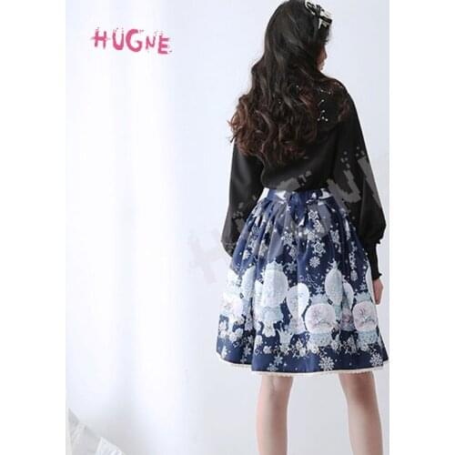 Hugne Sweet Mori Girl Skirt Printed Navy Blue Short Skirt