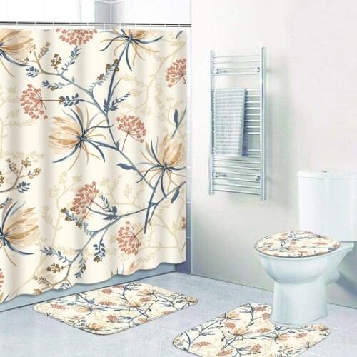Flowers Shower Curtains Set Waterproof Bathroom Curtains Polyester Fabric Washable Bath Decoration Hanging Curtains with Hooks