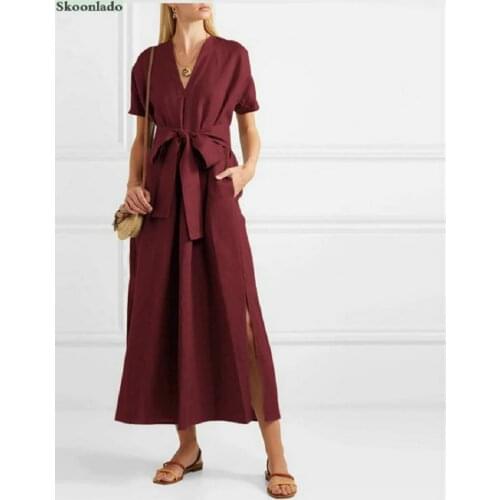 Plus size women summer cotton linen long dresses Good quality elegant classic female linen dress plus size belt cotton clothes