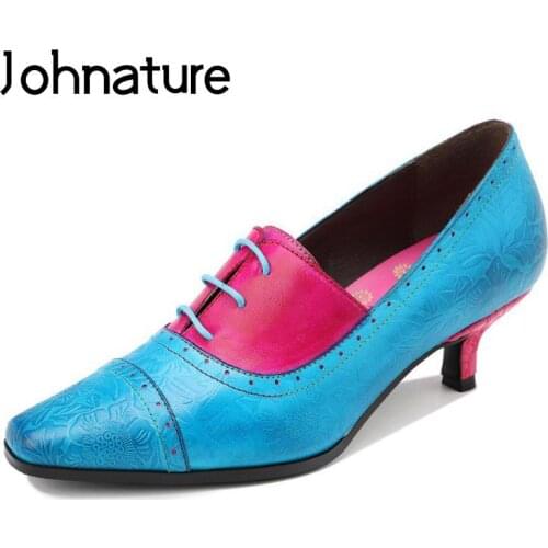 Johnature Genuine Leather Pointed Toe Pumps Women Shoes Mixed Colors High Heels 2021 New Retro Fashion Handmade Ladies Shoes