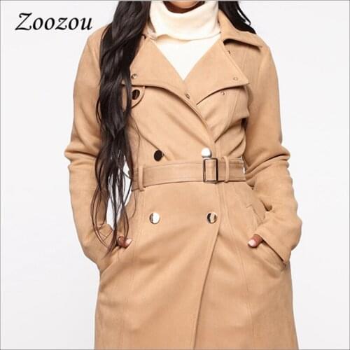 Tie Waist Suede Leather Trench Coats Women Faux Leather Winter Double Breasted Warm X Long Outerwear Vintage Ladies Overcoat New