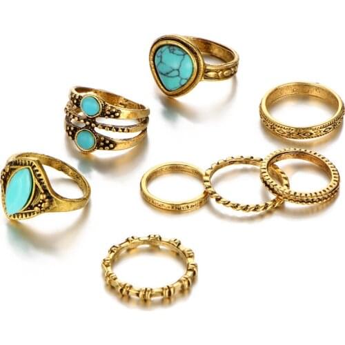Triangle Midi Finger Knuckle Rings Set Natural Stone Blue Beads Antique Gold Color Ring Hollow Carved Women Boho Jewelry 8 Pcs